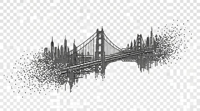 Modern city skyline transforms into abstract digital pixel art with futuristic bridge and skyscrapers dissolving into technology