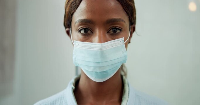 Mask, sick and face of black woman in home with safety for disease, flu or virus infection. Healthcare, wellness and portrait of female patient with medical precaution for cold or respiratory illness