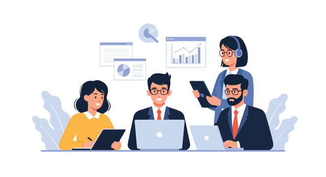 A collaborative business team analyzes financial data using laptops and tablets surrounded by floating infographic charts in a modern office.