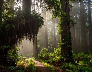 Sunbeams pierce lush, ancient forest trail © Dada
