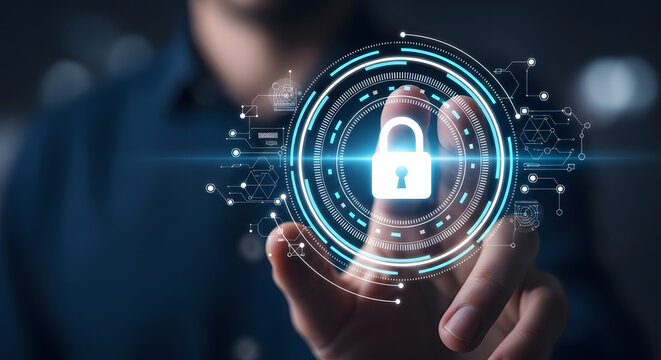 Man Touching Futuristic Digital Security Lock Interface