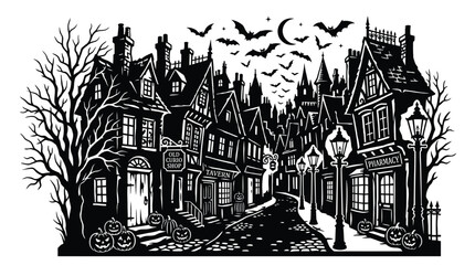 Naklejka premium Detailed black and white vector illustration of a spooky gothic village street featuring dark crooked buildings carved jack o lanterns and silhouettes of flying bats under a glowing crescent moon