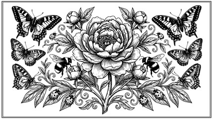peony flower, butterfly illustration, bee and flower, floral composition, black and white peony, ladybug art, garden flowers, pollinators, detailed floral engraving, hand drawn outline engraving vecto © Tanan