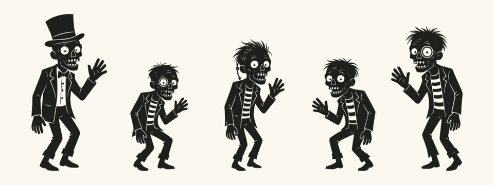 Set of five voodoo zombie characters in tuxedo and striped shirts waving in linocut style