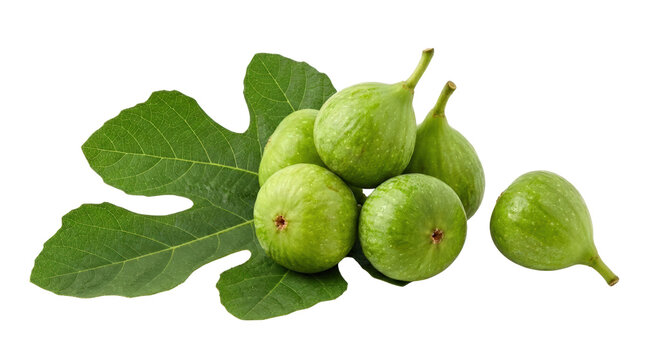 Fresh green figs with large leaves on white background.