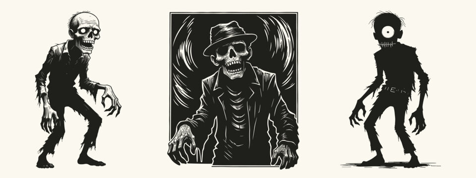 Black and white linocut illustration set of three spooky zombie characters and undead figures