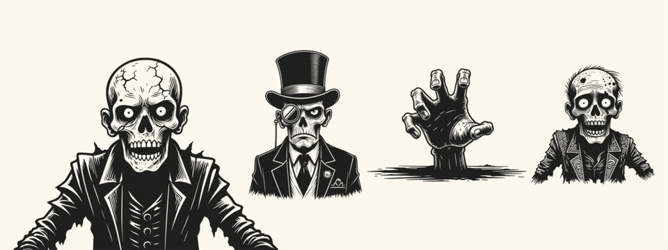 Collection of zombie and skeleton characters in vintage linocut style including gentleman and rising hand