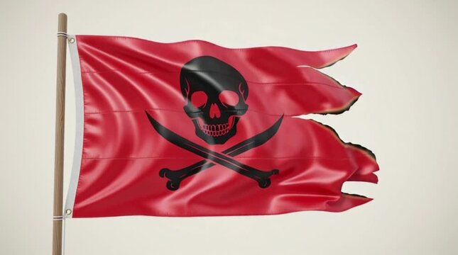 Red flag featuring a black skull and crossbones symbol waves against a plain white background with subtle shadows.