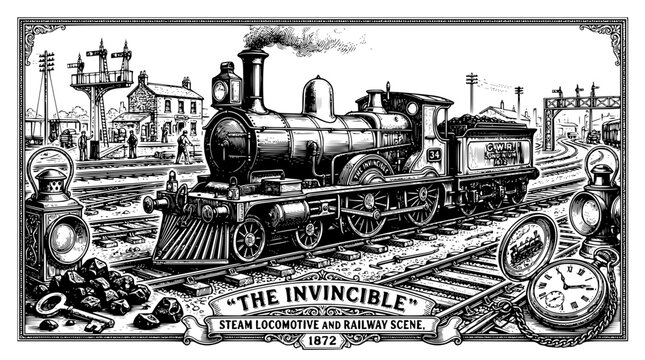 steam locomotive, vintage train, railway station, steam engine, historic train, railway illustration, black and white engraving, victorian train, the invincible, train station scene, hand drawn outlin