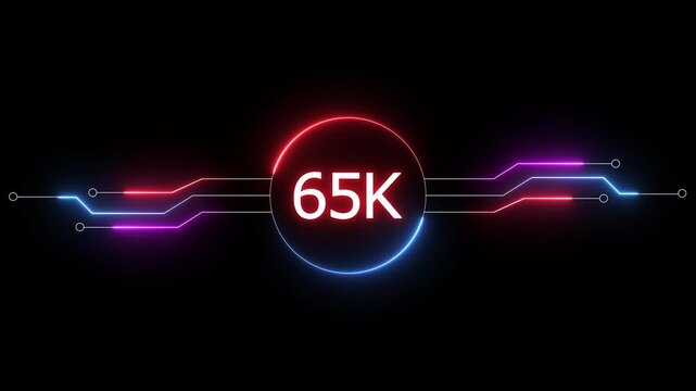 Neon social media followers or subscribers. Neon 65K celebration text animation background. on a black background. and creating a stunning 4k video.