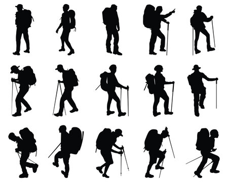 Set of silhouettes of hikers