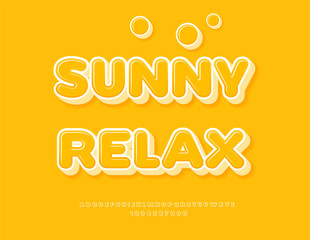 Fototapeta premium Vector Summer emblem Sunny Relax. Cute Rounded Font. Yellow Glossy Letters and Numbers set.