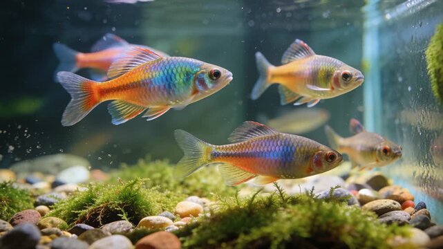 Swimming small colored aquarium fish shoal responding to bubbles, moving right over gravel moss