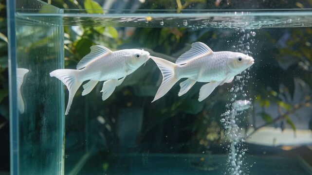 Swimming two white goldfish moving toward yellow pellet at top in glass tank, passing bubble column