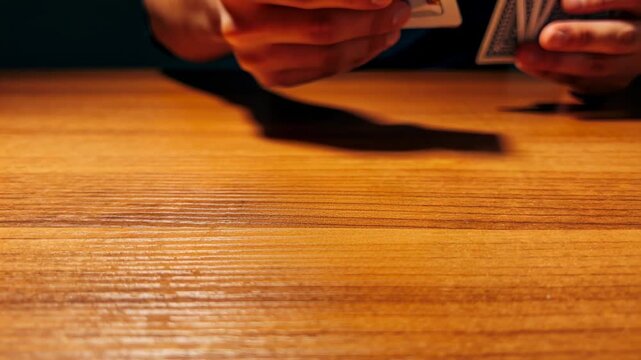 Lowering left hand starting lifting pinching King of Diamonds on wood table right hand holding deck