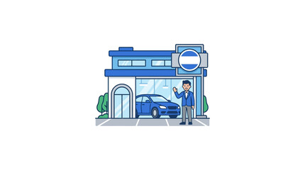 A man stands beside a blue car in front of a service station building. © Kill