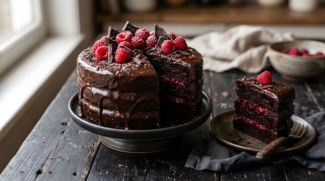 Decadent chocolate raspberry layer cake with rich ganache and fresh berries