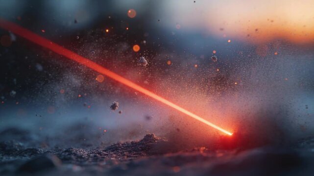 Entering red laser beam striking granular surface in macro, creating hotspot and ejecting embers
