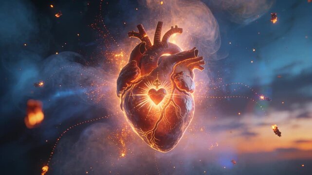 Growing ember forming floating anatomic heart in void space, showing glowing emblem and light veins