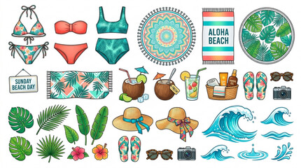 Beach vacation accessories and swimwear with tropical leaves © Farhat
