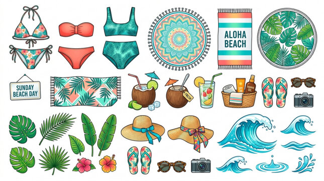 Beach vacation accessories and swimwear with tropical leaves