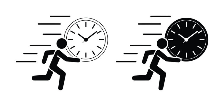Deadline concept human running rushed businessman with clock symbol for time management work pressure and planning vector illustration