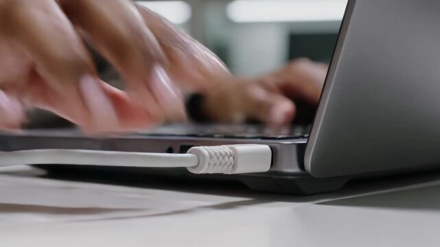 Bringing left-hand tan sleeve holding white plug inserting into laptop port at desk powering laptop