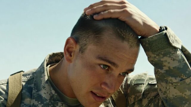 Lifting cloth cap from sun, soldier in digital camo pressing scalp under bright sky checking straps