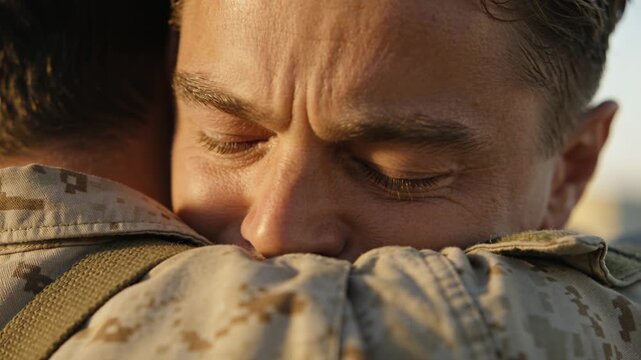 Pressing cheek into comrade's shoulder during reunion on base, soldier wearing desert camo uniform