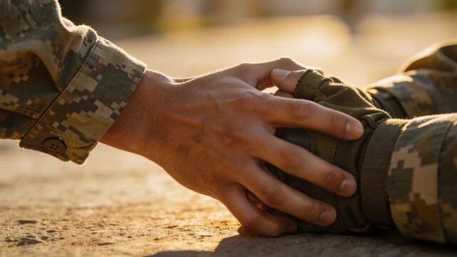Reaching bare hand entering, closing around knuckled glove, camo sleeve on dusty sand, offering aid