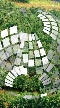 Vertical video: Sequence starting mosaic tiles appearing over orchard rotating and revealing roofs
