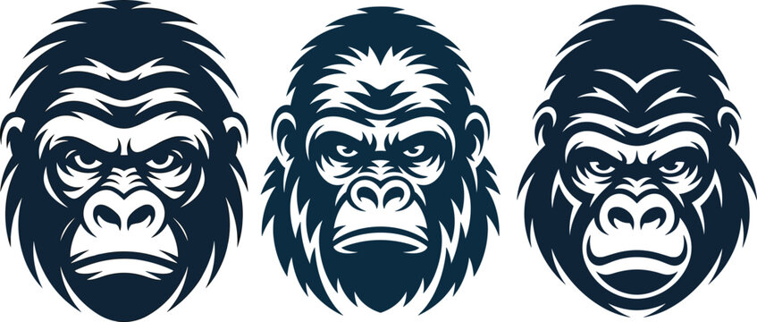 Gorilla head vector illustration set isolated on white background stylized angry ape face icons for mascot logo design