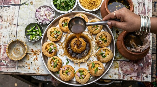 Gol gappas with tamarind water and chaat masala indian street food