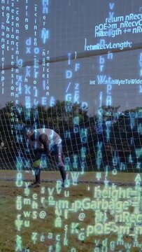 Vertical video: Keeper shifting on goal while matrix overlaying soccer goal area preparing save