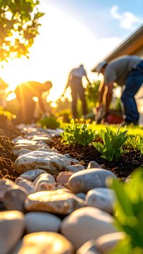 Sunlit garden work with people planting outdoors