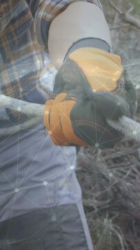 Vertical video: Gloved hands holding looped rope, pulling and tightening strand to secure brush