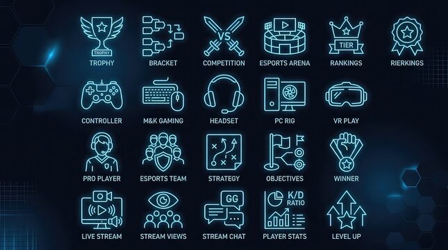 Neon esports gaming line icon set for digital competitive play