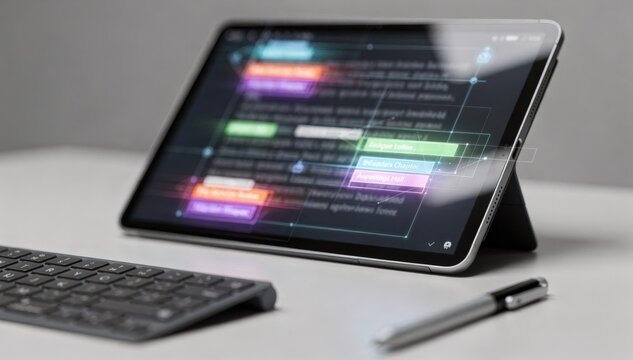 Focused view of AIpowered software dynamically flagging layout issues in a book chapter manuscript with outoffocus keyboard and digital stylus nearby.
