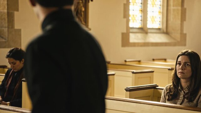 Lifting head, man in white-collar clerical shirt rising from pew in church, walking right