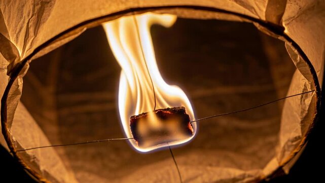 Smoldering fuel cell rising flame inside paper lantern, lighting walls with wire cross and hoop