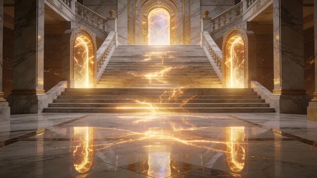 Faint golden veins appearing on floor, merging into vein flowing up central stairs toward top arch