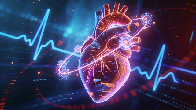 ECG peak causing 3D heart hologram pulsing and rotating in deep-blue space with magenta ring HUD