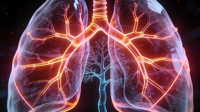 Brightening lungs revealing bronchi and pulsing airway in render with blue veins indicating flow