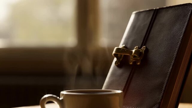 Close-up leather journal with brass latch beside steaming coffee cup in sunlit interior