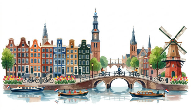 Amsterdam Netherlands Europe City Skyline Watercolor Vector with Dutch Landmarks and Canal Houses
