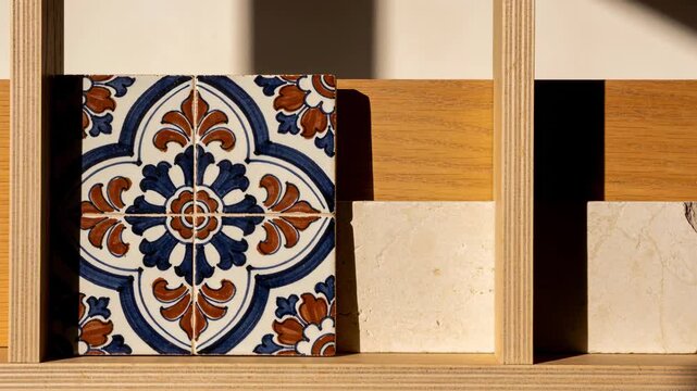 Shifting sunlight bathing ceramic tile and two stone samples on cubby as sun moves, copy space