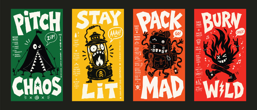 Four funny camping monster posters with tent lantern backpack and campfire characters in retro style