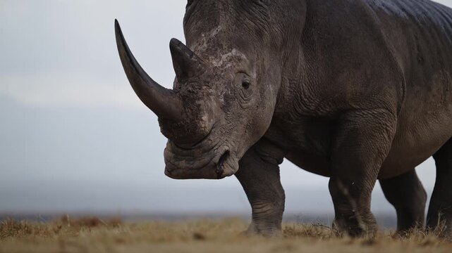 White Rhino Close Up Portrait with Big Horn in Wildlife Conservation Area, African Animals on Safari in Kenya in Africa, Endangered Animal.