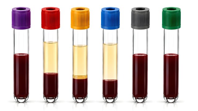 medical laboratory blood collection tubes with color-coded caps including EDTA, no-antikoagulan serum, serum in gel separator, plasma-citrate, Na-fluoride, heparin.