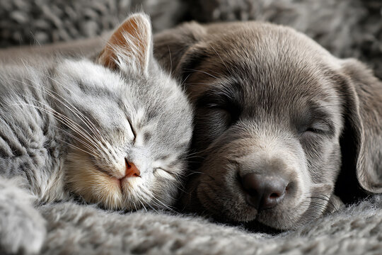 Adorable Kitten and Puppy Sleeping Together Peacefully.
